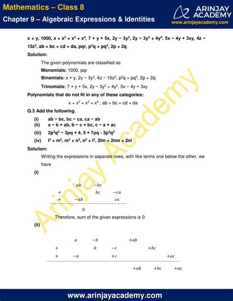 ncert solutions  class  maths chapter  exercise  algebraic