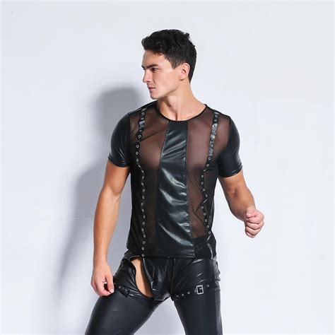 cfyh 2018 sexy gothic men s sheer mesh leather short sleeve t shirt tops mens gay t shirts