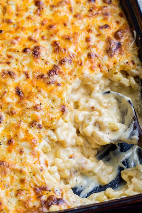 rich  creamy homemade baked mac  cheese filled  multiple layers  shredded
