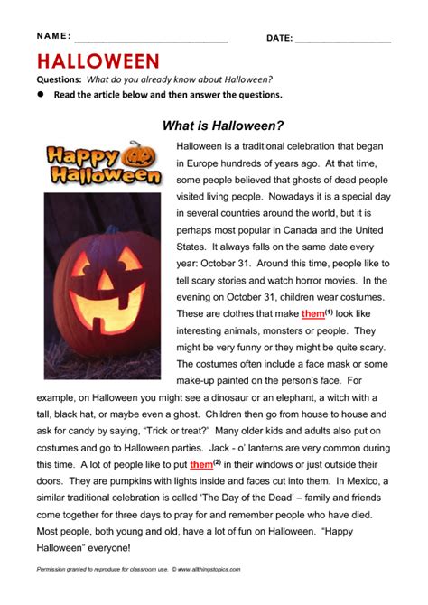 reading comprehension worksheets halloween