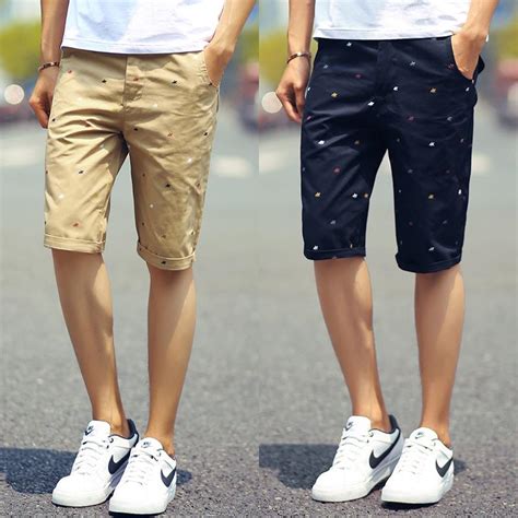 brand men shorts slim fit high quality cotton casual print fashion man short beige