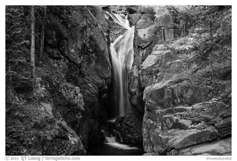 black  white picturephoto chasm falls flowing  narrow gorge rocky mountain national park