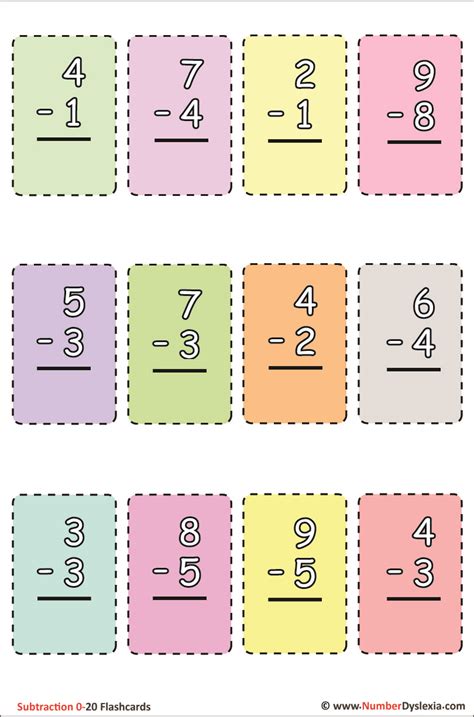 printable subtraction flashcards      number dyslexia