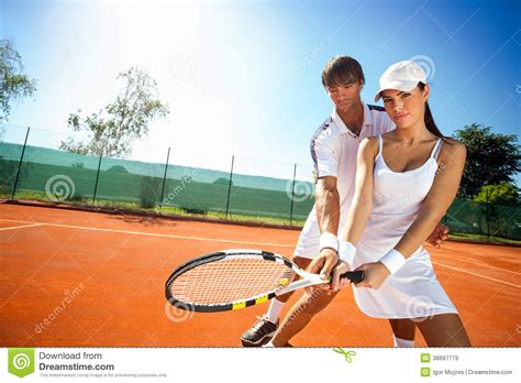 sporty girl practice tennis with coach stock image image