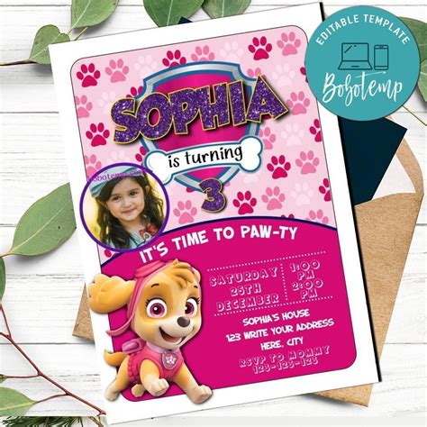 editable skye paw patrol birthday invitations  photo diy bobotemp