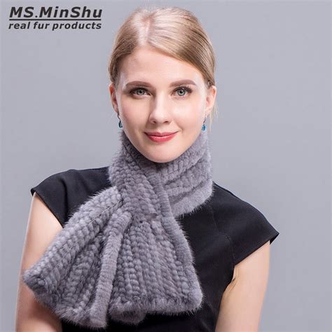 Ms Minshu Hand Knitted Mink Fur Scarf Fashion Real Fur Scarf Wraps