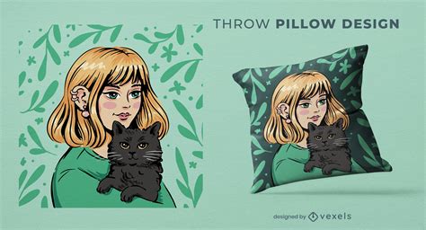 Blonde Woman With Cat Throw Pillow Design Vector Download
