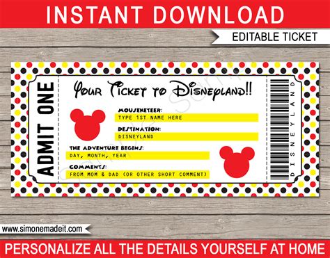 printable ticket  disneyland template surprise trip  disneyland gift