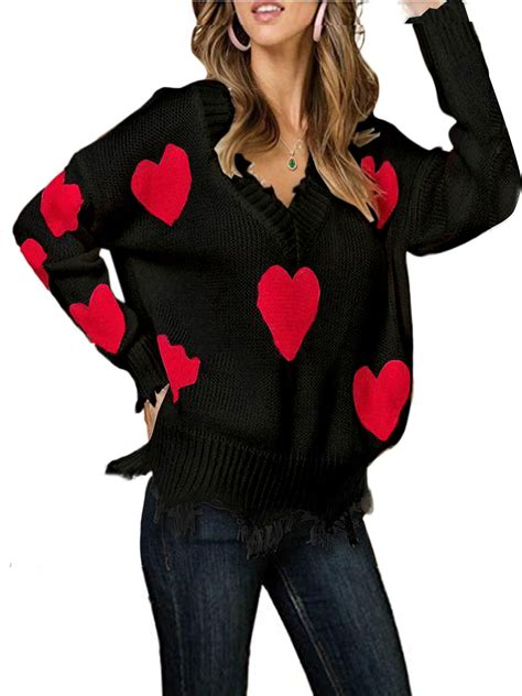 Womens Pullover Sweaters Long Sleeve V Neck Cute Heart Knitted
