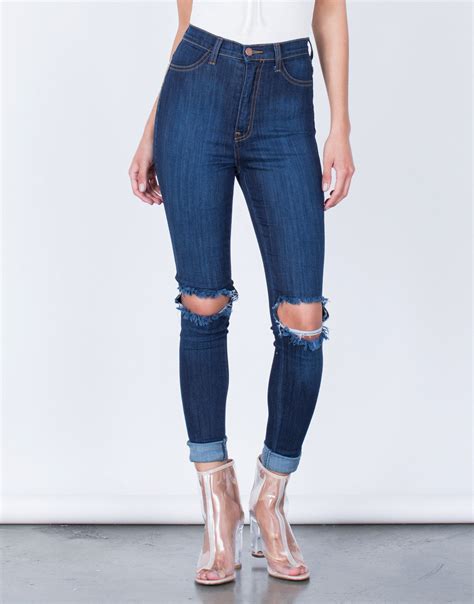 Ripped Knee Stretchy Skinny Jeans Dark Blue Jeans High Waisted