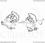 Boy Girl Cartoon Chasing Feather Tickle Clipart Him Toonaday Outlined Coloring Vector sketch template