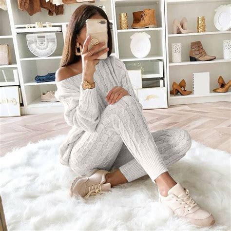 Knitted Tracksuit Women 2 Two Piece Set Sweater Top Pants Knitted Suit