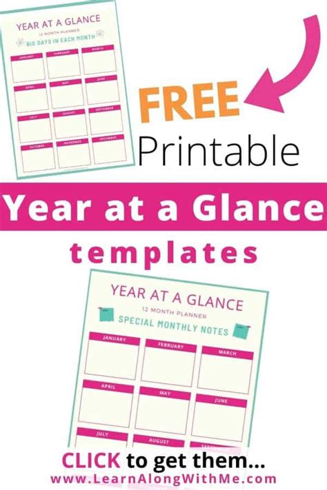 printable year   glance planner sheets  learn