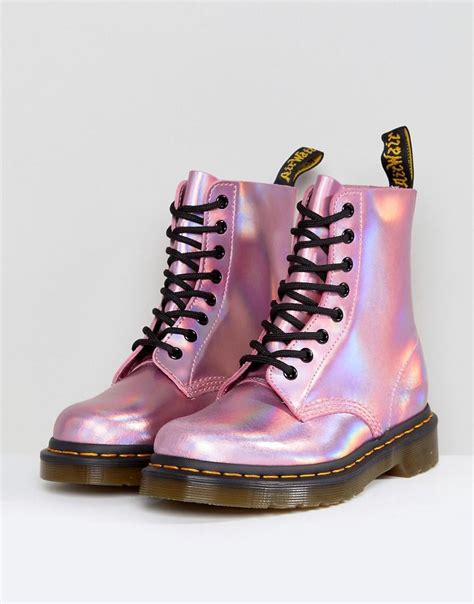 dr martens leather holographic pink lace  boots lyst