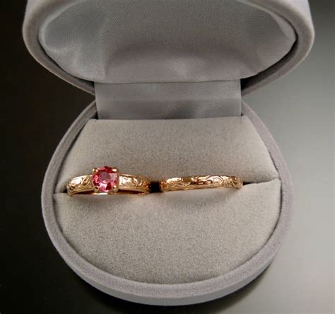 Pink Tourmaline Wedding Ring Set 14k Rose Gold Victorian Floral Pattern