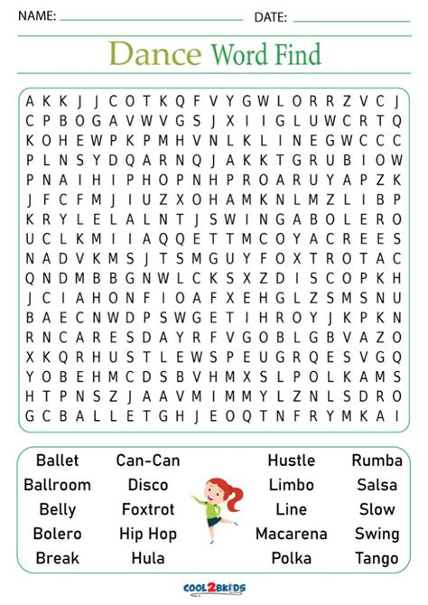 printable dance word search coolbkids