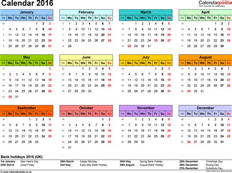 calendar 2016 uk with bank holidays and excel pdf word templates