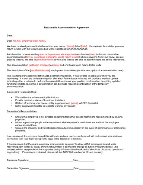 reasonable accommodation agreement sample  word   formats