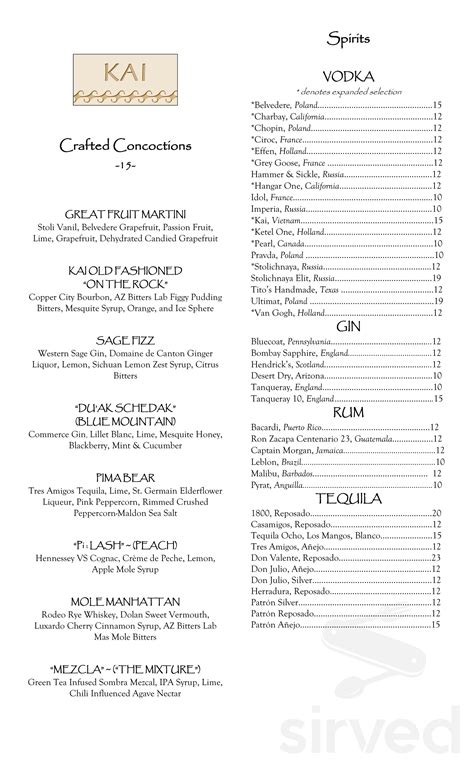 kai restaurant menus  phoenix arizona united states