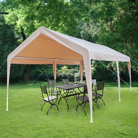 ft car port canopy gazebo tent cover   leg steel frame garage khaki  ebay