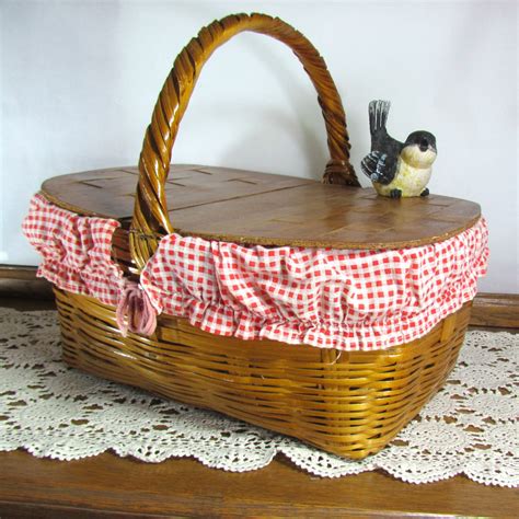 vintage picnic basket  red gingham liner attic  barn treasures