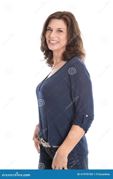 Happy Isolated Mature Woman In The Fifties Isolated Over White Stock