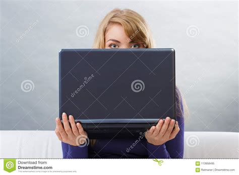 woman holding laptop      computer stock image