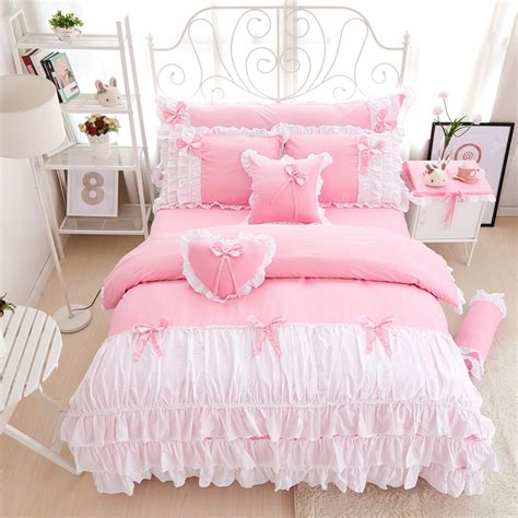 3 4pcs Cotton Pink Princess Bedding Set Lace Edge Solid Pink And White