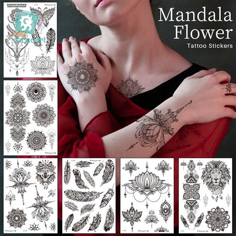 rocooart mandala flower henna india tatoo stickers women girl big arm