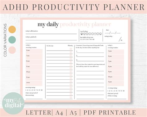 adhd daily planner template