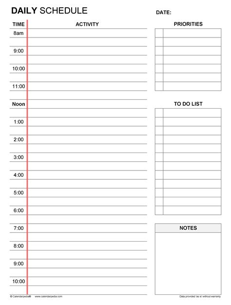 printable daily schedule calendar  printable worksheet