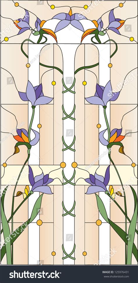 Purple Flowers Stained Glass Window Stock Vector 125976431