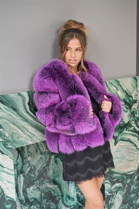 fox fur model wearing uk  satin lining true  size purple fur coat fur fashion