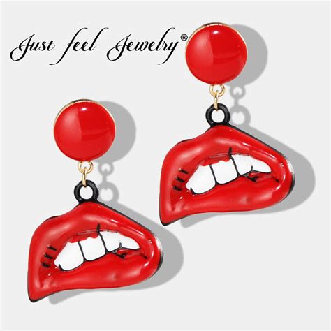 just feel fashion red lips big drop earrings for women sexy mouth white