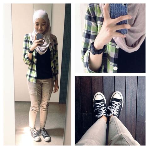 ootd casual hijab outfit plaid shirt flanel cargo pants