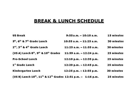 lunch  break schedule templates  allbusinesstemplatescom