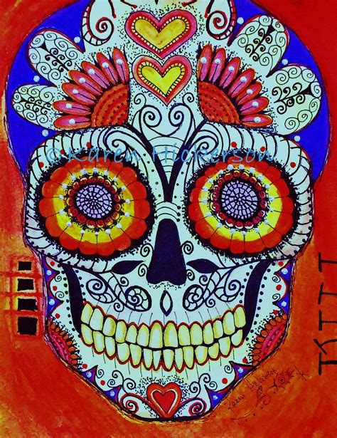 original painting mexican day   dead sugar skull primitive modern