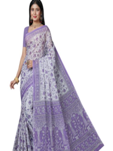 Buy Shanvika Lavender And White Floral Pure Cotton Block Print Saree