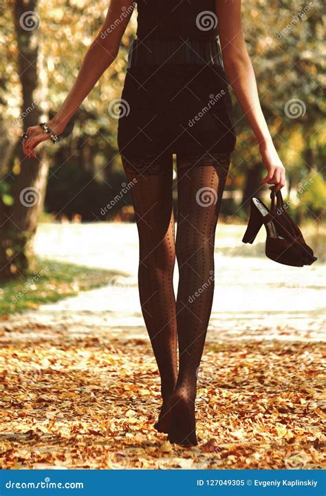 The Girl In Stockings Autumn Stock Image Image Of Walking Long