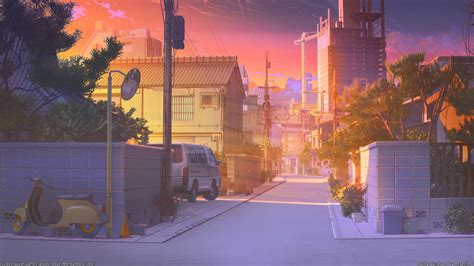 anime street scenic sunset buildings