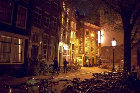 amsterdam street  night  amsterdam holland  netherlands architecture stock