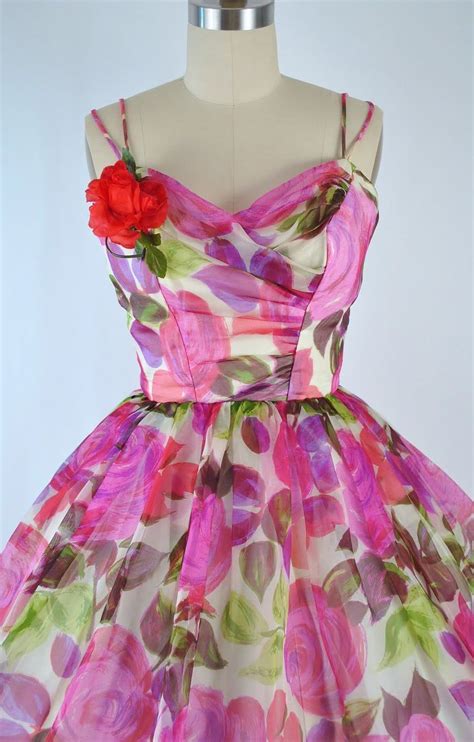 Vintage 50s Rose Print Party Dress 1950s Floral Roses Etsy