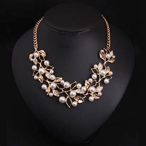 simulated pearl necklaces pendants gold plated leaves statement necklace women collares ethnic