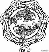 Pisces Coloring Adult Aztec Detailed Style Zodiac Stock Pages Fotolia Au Illustration Preview sketch template