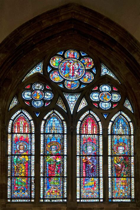 Close Up Of Colorful Stained Window In Strasbourg Cathedral Built In