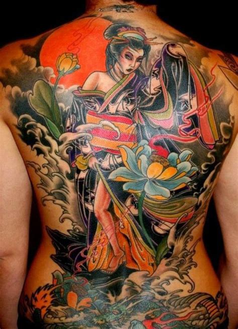 Lovely Coloured Japanese Geisha Tattoo On Whole Back Tattooimages Biz