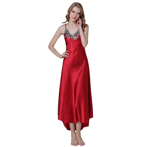 Fashion Womens Sexy Embroidery Lace Floral Long Nightgown Satin Night