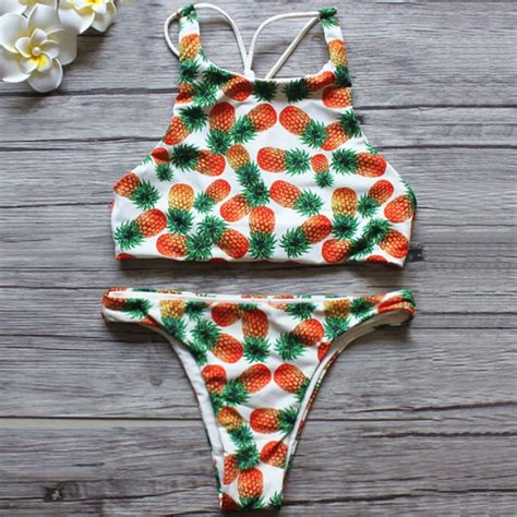 High Neck Pineapple Printed Bikini 2016 Cutest Push Up Bikini Sets