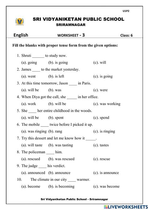 English Class 6 Tenses Worksheet
