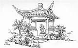 Pagoda Japanese Drawing Drawings Garden Chinese Gardens China Pen Hand Shrine Temple Architecture Embroidery Buildings Patterns sketch template